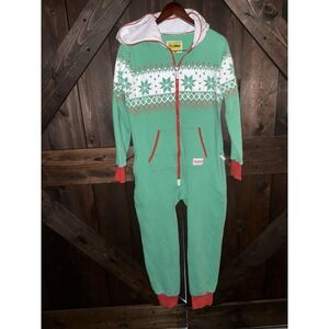 Tipsy Elves One Piece Zip Up Unisex S Hooded Christmas jumpsuit Red Green Snow‎